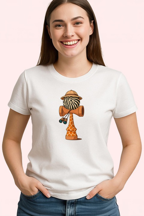 Tricou Kendama girafa cu model animal print, Dama, Cri-Flo, 100% Bumbac, Cri-Flo, Culoare Alb, Marime L