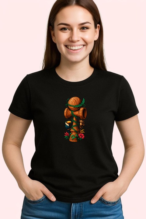 Tricou Kendama jungla tropicala cu soparla si plante exotice, Dama, Cri-Flo, 100% Bumbac, Cri-Flo, Culoare Negru, Marime L