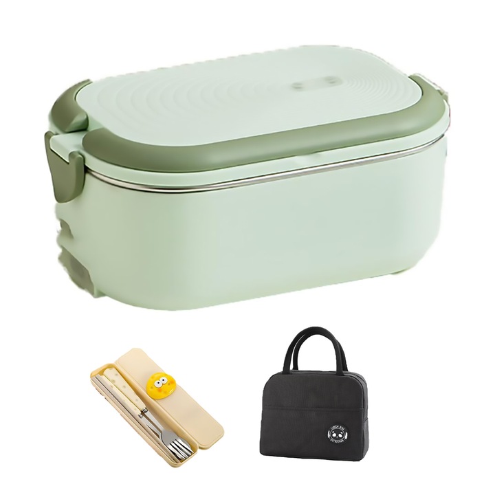 Caserola termica din inox, cu 2 compartimente, verde deschis, 20.5x13x8.5cm, pentru pranz la birou sau picnic