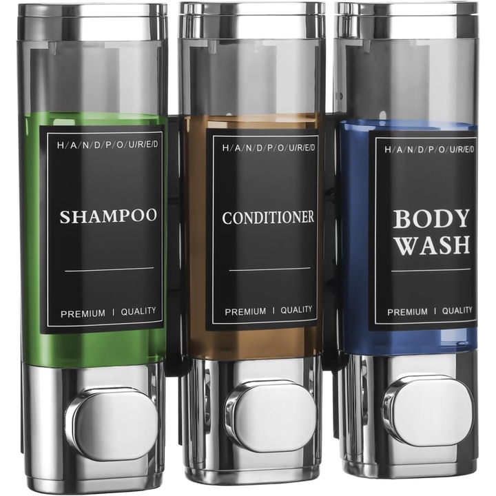 Комплект от 3 дозатора за душ гел, Дозатор за сапун, С етикети, 3 x 300 ml, За стенен монтаж, 2 метода на монтаж, Ръчно натискане, аксесоари за монтаж, За шампоан, течен сапун, душ гел, ABS, 21.3*21.3cm, сребърен