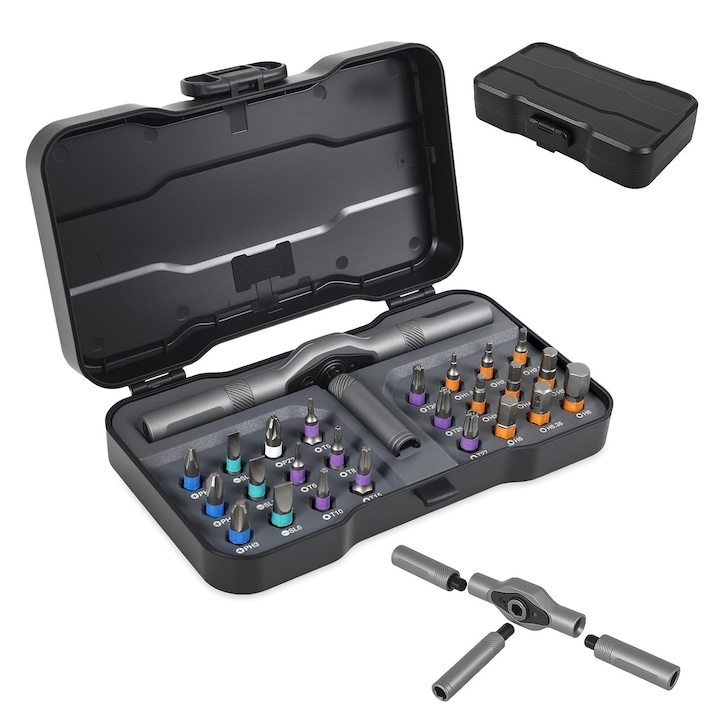 Set de surubelnite magnetice 24 in 1, AFKSMILE, cu clichet, otel aliat, negru, 16x9.5x3.5cm