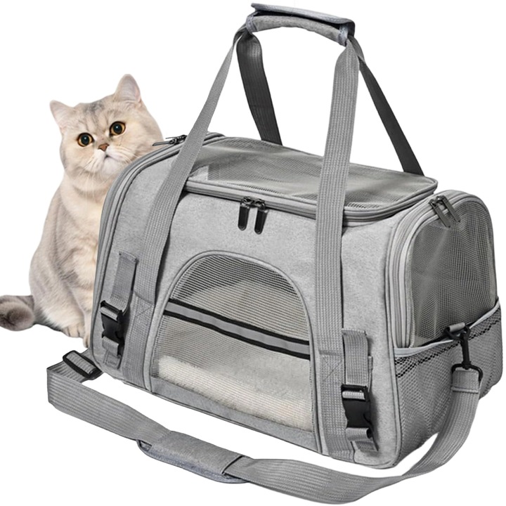 Geanta pentru Transport Animale Mici, Piduules, Pliabil, Plasa Respirabila, Gri, 45x25x28cm