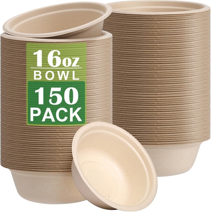 Set 150 boluri din hartie compostabila, Jeffouoo, 16oz, naturale, rezistente, sigure pentru microunde si frigider