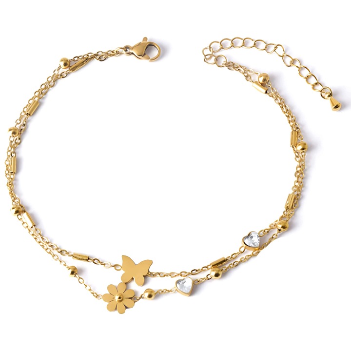 Bratara pentru glezna Trusky, dubla fluture si floare, inox placat cu aur, 18-23 cm