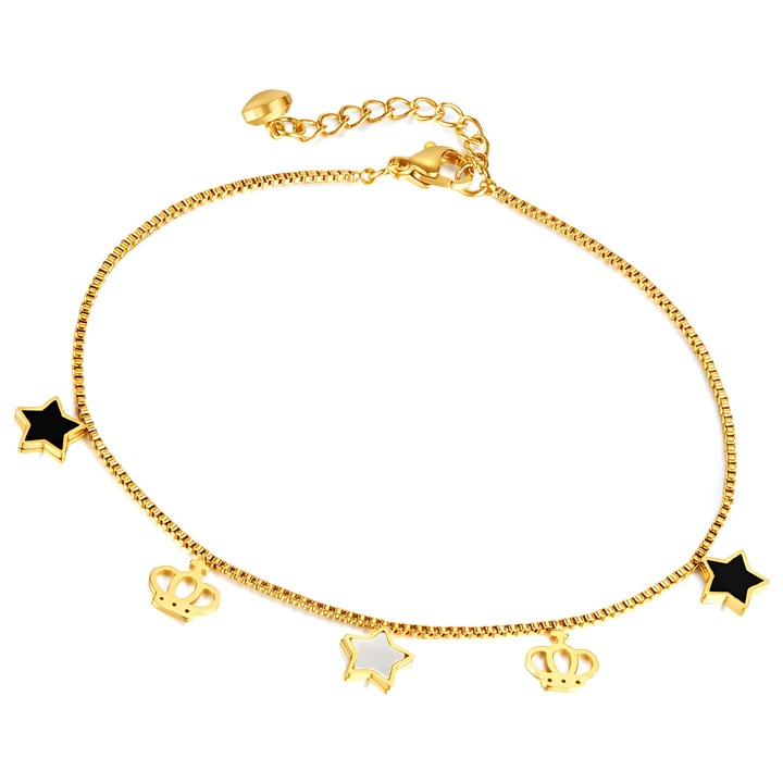 Bratara de glezna Trusky, aurie, 21-24cm, din inox, cu stelute si coroane