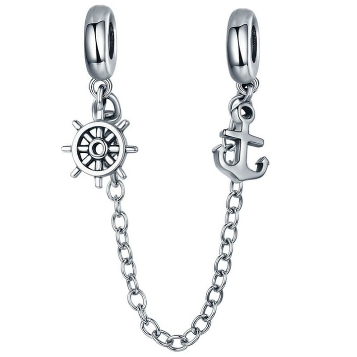 Lantisor de siguranta pentru bratari modulare, Trusky, argint 925, 9cm, cu charm-uri in forma de timon si ancora