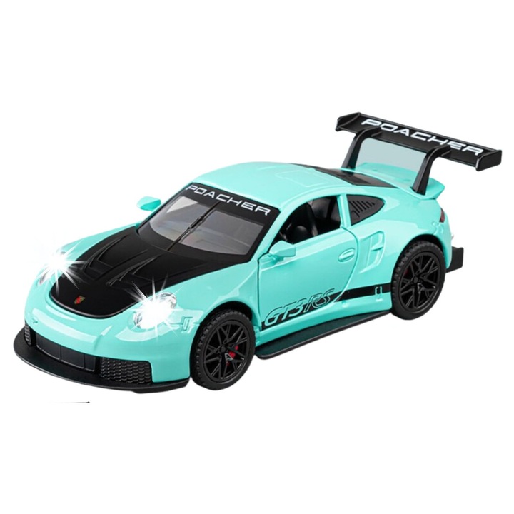 Метална кола тип Porsche GT3 RS, Звуци и светлини, Подвижни врати, Pull-Back, 16см, Тюркоаз