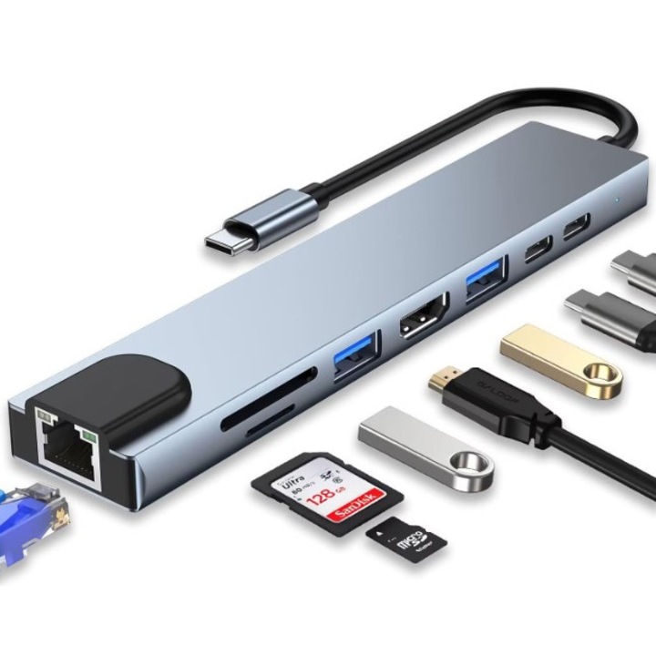 USB Type-C 8 az 1-ben Hub, General, kompakt szürke, 4K, 87W