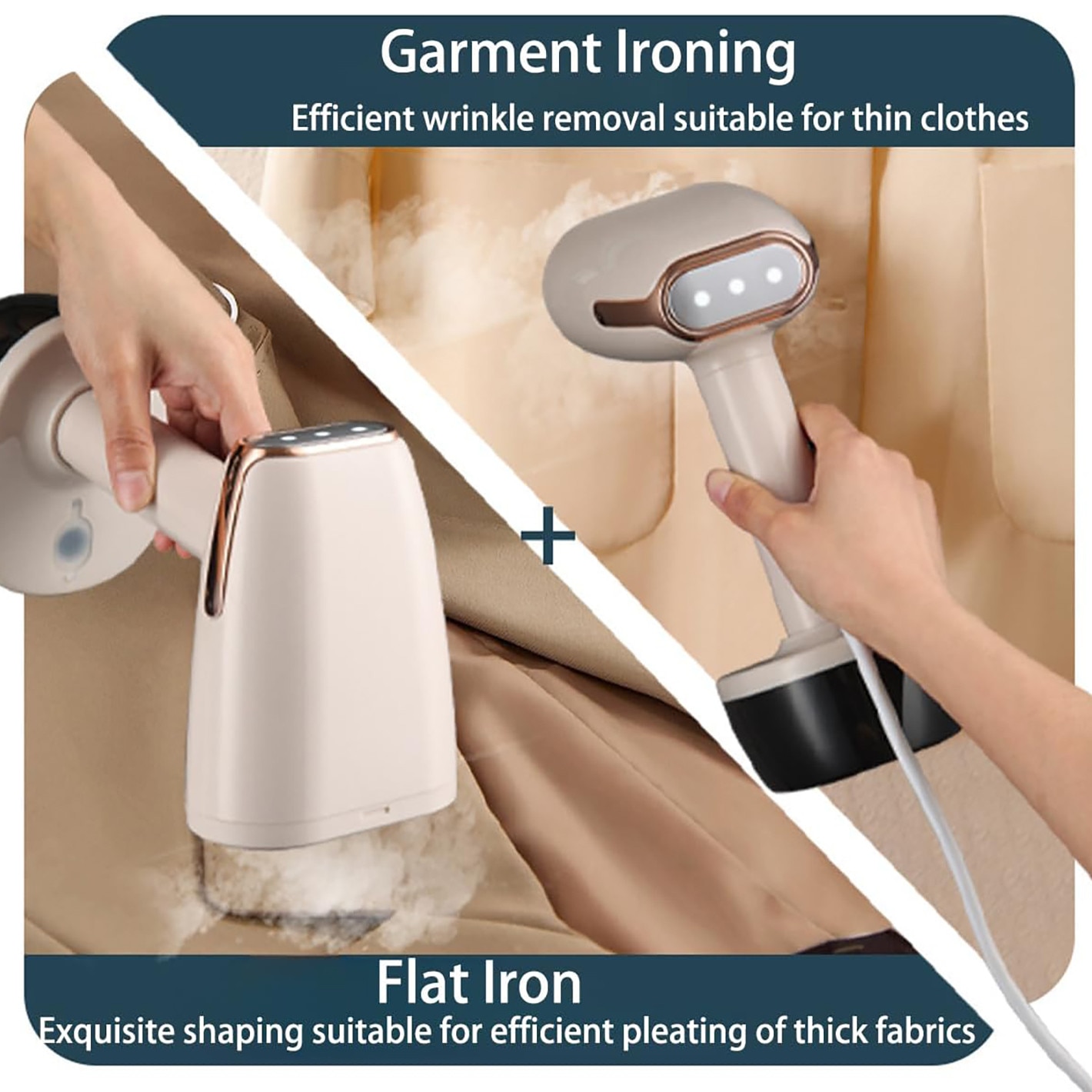 Aparat de calcat vertical portabil, 1800W, 2 setari de abur, Ecran de afisare LED, Abur 30g/min, Rezervor de apa detasabil 350ml, Panou ceramic, Protectie la supraincalzire, Aluminiu/Ceramica, Galben deschis