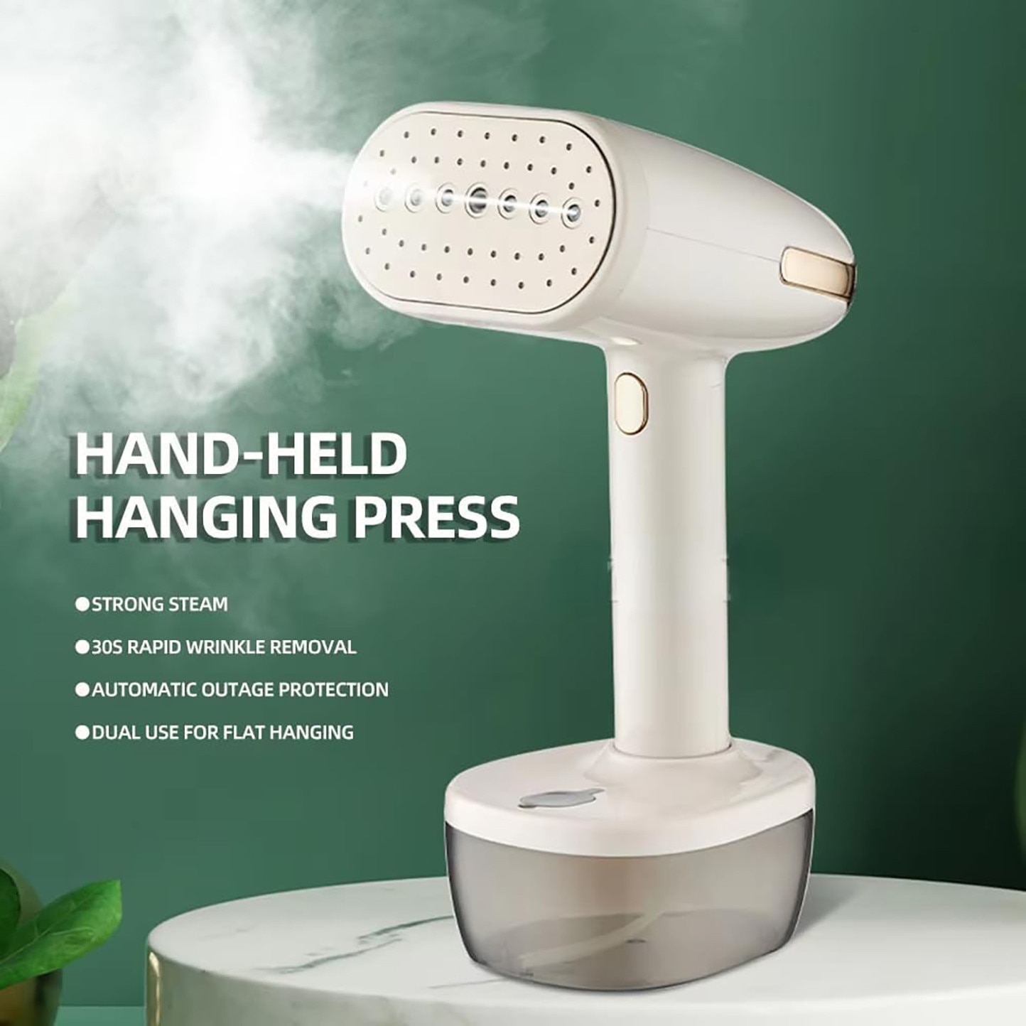 Aparat de calcat vertical portabil, 1800W, 2 setari de abur, Ecran de afisare LED, Abur 30g/min, Rezervor de apa detasabil 350ml, Panou ceramic, Protectie la supraincalzire, Aluminiu/Ceramica, Galben deschis