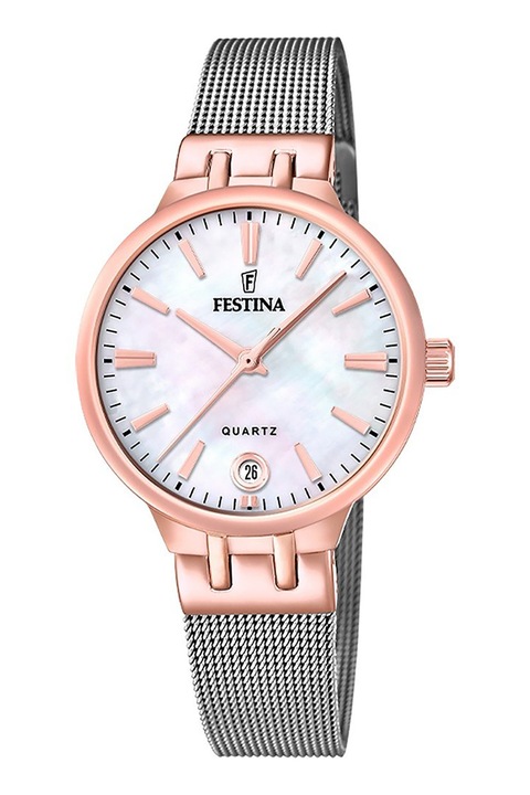 Festina, Ceas de otel inoxidabil cu logo pe cadran, Auriu rose, Argintiu