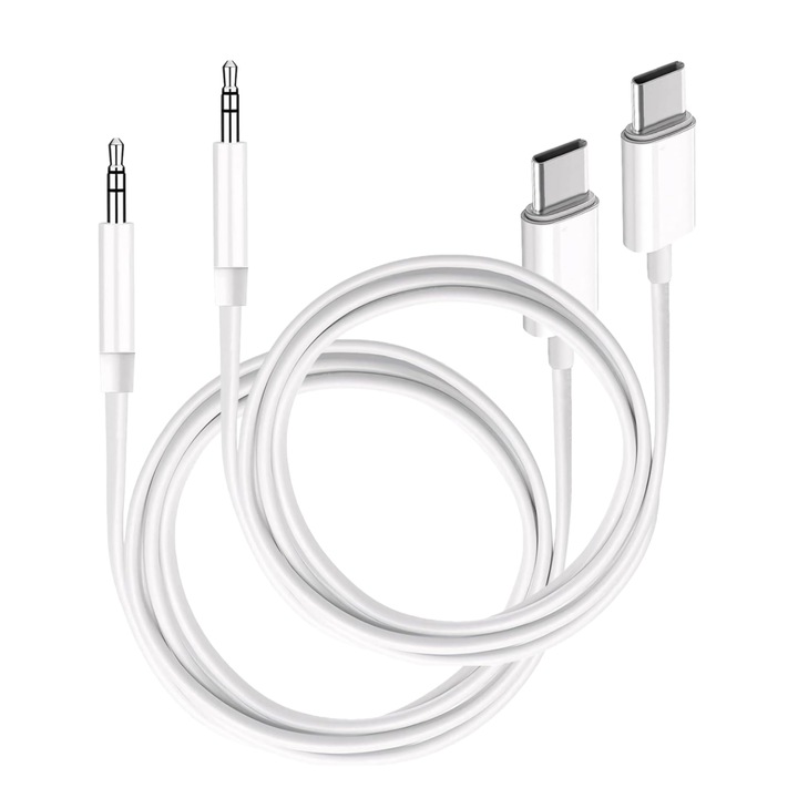 Комплект 2 USB Type-C към Aux Jack 3.5mm Метален Аудио Адаптер Кабел 1м Бял, Бързо Предаване, Висококачествен Звук, Издръжлив, Lunniquee®, Съвместим с Слушалки, Тонколона, Автомобил