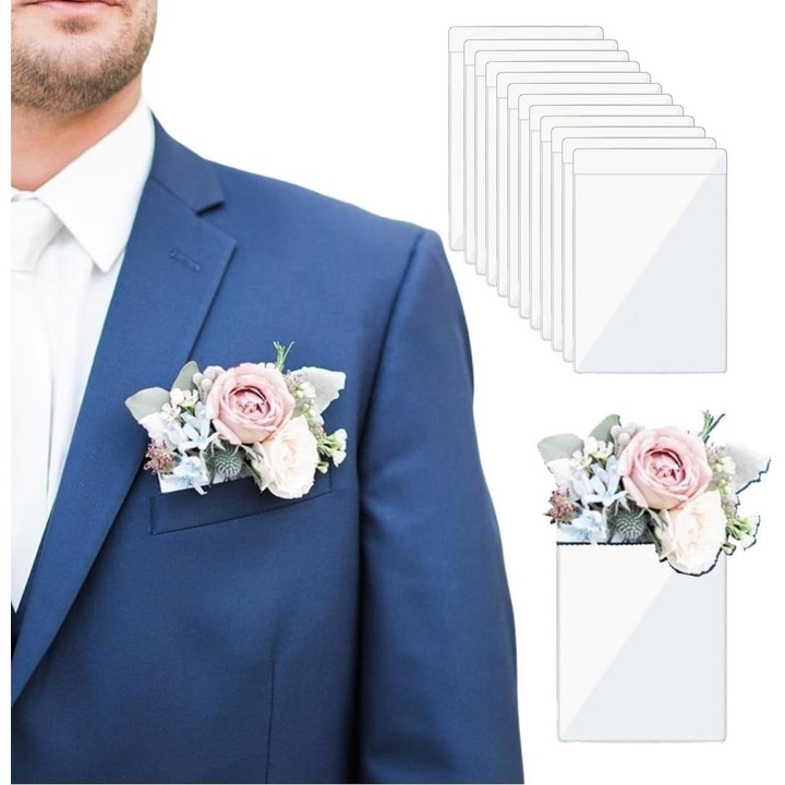 Zsebkitűzőtartó, műanyag, négyzet alakú, vízszintes virághüvely, 12 darabos csomag, vőlegények és vőfélyek számára, bálra és szalagavatóra, illeszkedik a zakó mellzsebébe, nincs szükség lyukak fúrására (VIRÁG)