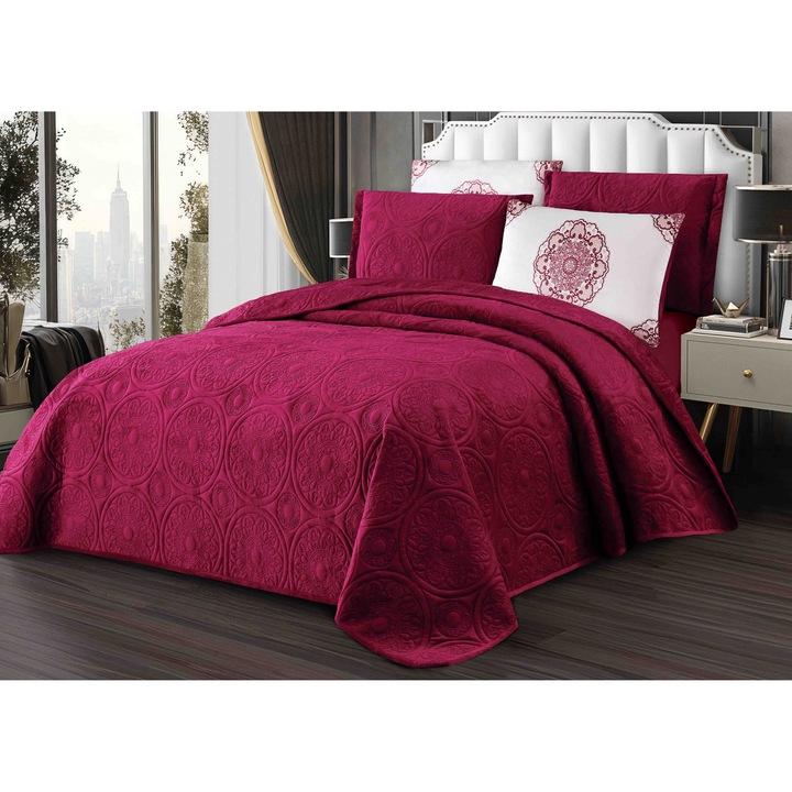 Set Cuvertura Catifea 5 Piese, Model Relief Circular 220x240 cm, 4 Fete de Perna 50x70 cm, VINOS MHR-1684