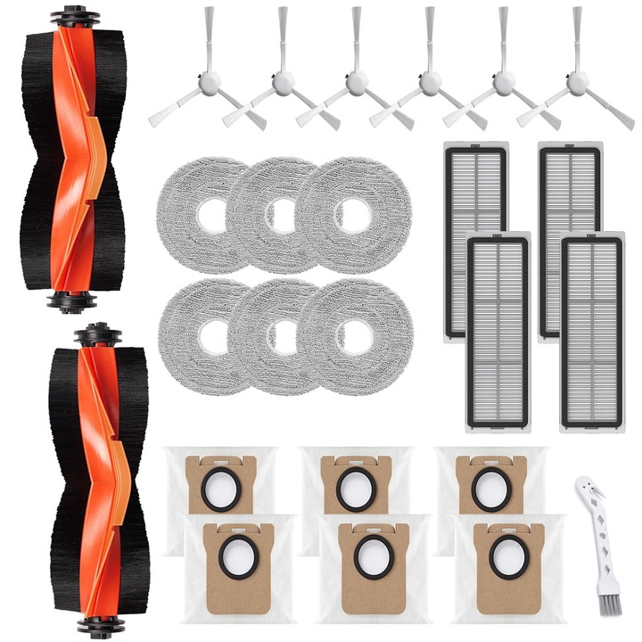 Четки филтри мопове торбички за Xiaomi MI Robot Vacuum X20+/X10 Plus/X20 Plus, Включва 2x Основна четка, 6x Странични четки, 6x Торбички за прах, 4x Филтри, 6x Кърпи за моп, 1x Четка за почистване