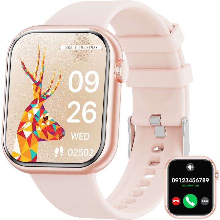 Смарт часовник, GuangTI, модел Z3, 1.83 инчов HD екран, Bluetooth известия за обаждания/SMS/социални медии, фитнес тракер, наблюдение на съня, водоустойчив, пулс, режим на движение, крачкомер, съвместим с iOS и Android, румънски език, розов