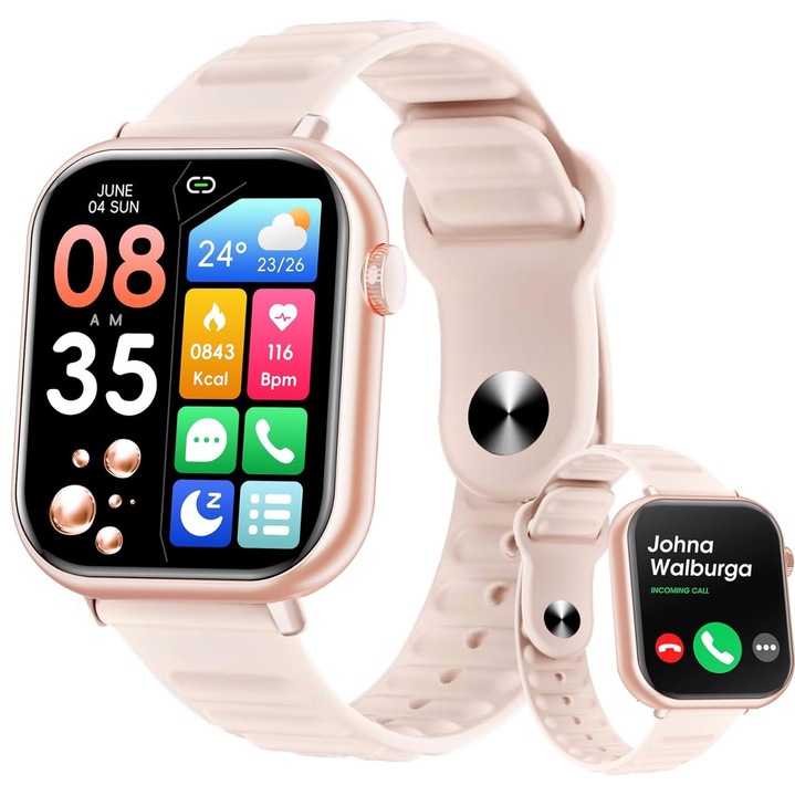 Ceas smartwatch dama, GuangTI, model Z10, ecran HD 1,85inch, Notificari Apel/SMS/Social Media, monitor de ritm cardiac/SpO2/somn,24/7 Smart Asistent Fitness Tracker, Music Playback, Sporturi Multiple, DIY Dial, limba romana, Rose Pink