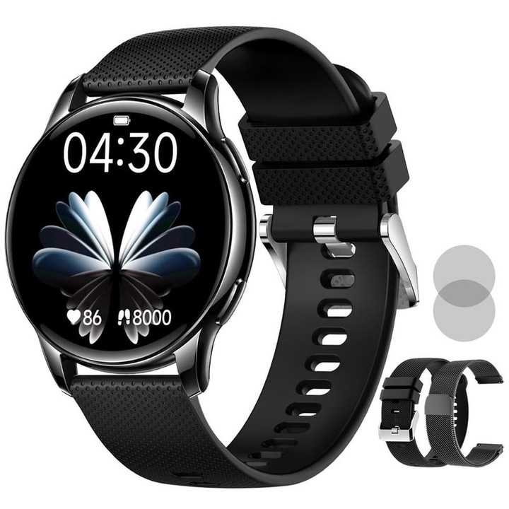 Смарт часовник, GuangTi, модел Y11, 1.32" кръгъл AMOLED екран, управление на женското здраве, известия за обаждания/социални медии, крачкомер, фитнес тракер, спорт, IP68 водоустойчив, тракер за сън, сърдечен ритъм, 2 включени каишки, румънски език