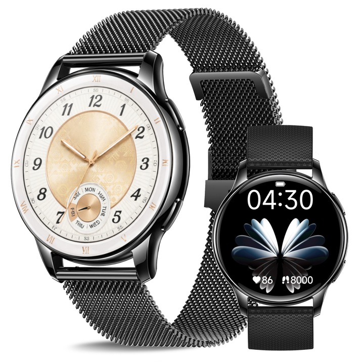 Ceas Smartwatch, GuangTi, model Y11, ecran rotund AMOLED 1.32", managementul sanatatii femeilor, Notificari Apeluri/Social Media, pedometru, tracker de fitness, sport, IP68rezistent apa, tracker de somn, ritm cardiac,2 bratari incluse, limba romana, Negru