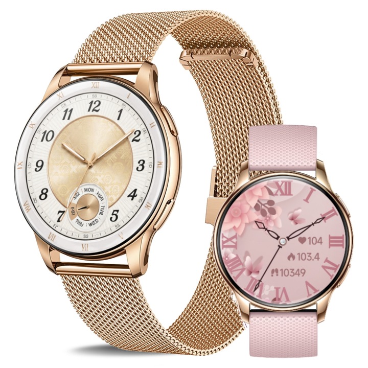 Смарт часовник, GuangTi, модел Y11, 1.32" AMOLED кръгъл екран, управление на женското здраве, известия за обаждания/социални медии, крачкомер, фитнес тракер, спорт, водоустойчив IP68, тракер за сън, пулсомер, 2 гривни включени, румънски език