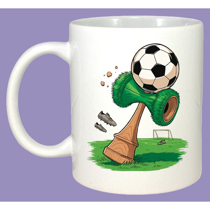 Cana Kendama fotbal cu minge si teren design sportiv, Cadou, Sarbatori, Secret Santa, Cri-Flo, Culoare Alb, 330 ml