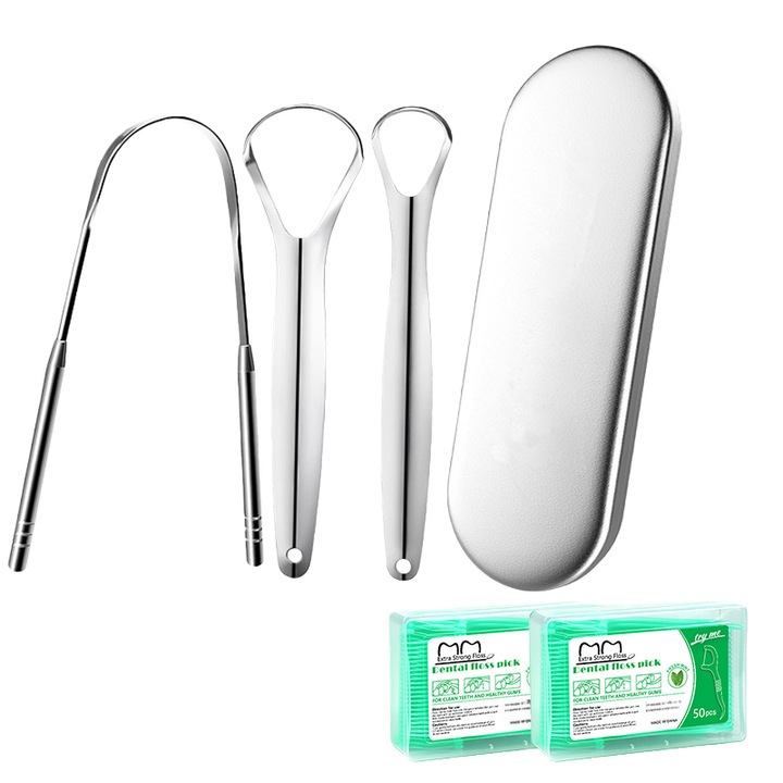 3 darabos fém nyelvtisztító készlet, strapabíró, 2 doboz fogselyemmel, rozsdamentes, hordozható