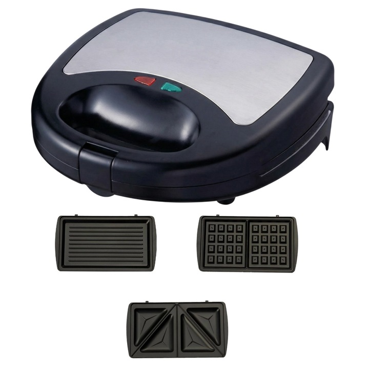 Sandwich maker cu 3 placi detasabile incluse, sandwich-grill-vafe, 750 W putere, placi antiaderente, 80 cm cablu