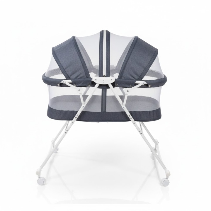 Patut Pliabil Pentru Bebelusi, Cu Plasa Anti-Insecte, Cadru Metalic, Usor De Transportat, Culoare Gri Inchis
