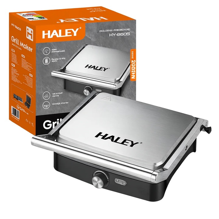 Grill Electric Haley HY-8609, 2000W, Placi Antiaderente, Deschidere 180°