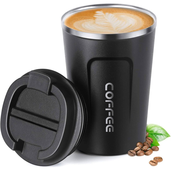 Cana Termica de cafea, din Inox cu Pereti Dubli si capac, 100% Anti-scurgere si Anti-rugina, Mentinere Cald 5h / Rece 12h, pentru cafea, ceai, ciocolata calda, lapte, Capacitate 450 ml, Negru