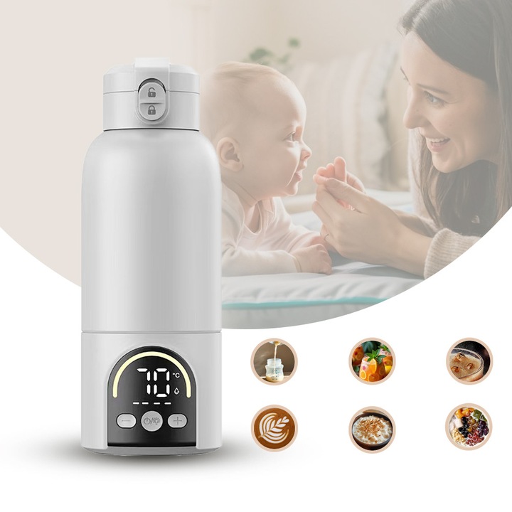 Excitat®, преносим уред за затопляне на мляко 140W, бързо нагряване, NTC мониторинг на температурата в реално време, нощна лампа, преносима дръжка, бързо зареждане 45W, 500ml, прецизен контрол на температурата, IPX6, за кола, самолет, на открито