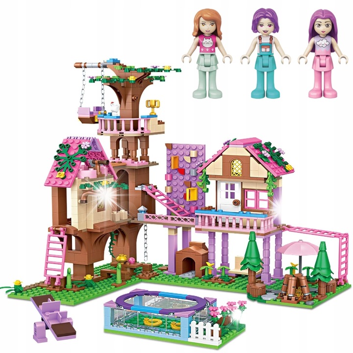 Set de constructie, ChaoBao, casa pe copac, 756 elemente, cu 3 papusi si 4 animale, roz, 33x28x26cm