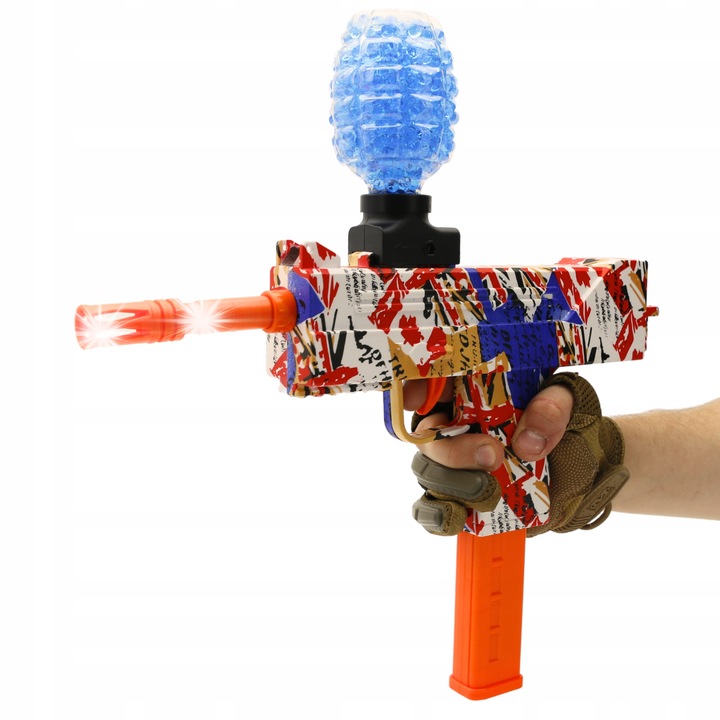 Pistol automat NawiToys, rosu graffiti, 35x37cm, set cu 3000 bile zele, acumulator, ochelari de protectie