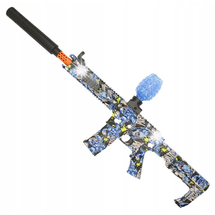 Pistol automat NawiToys, model cu graffiti albastru, 84x31cm, include 1000 bile, acumulator, set complet