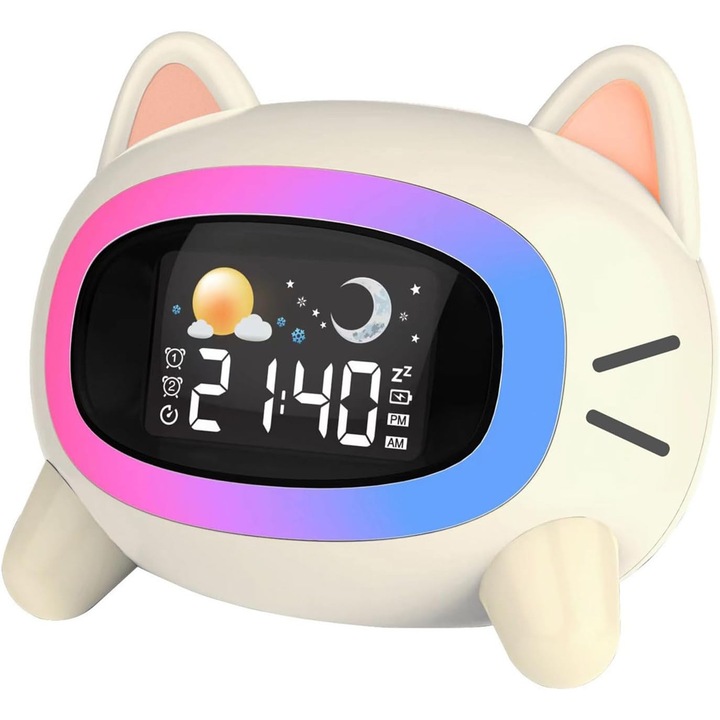 Gyermek ébresztőóra éjszakai fénnyel, 5 szett színes fénnyel, hét nyugtató hanggal, tej, 10.9x8.9x11.9cm