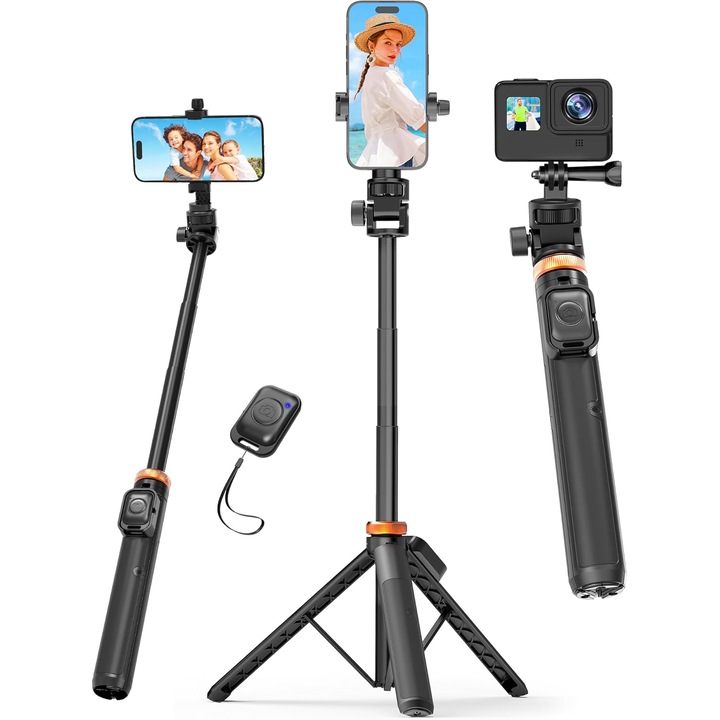 Trepied Foto Telescopic Profesional - Suport Universal pentru Telefon, iPhone, Camera, GoPro, Telecomanda Bluetooth, Selfie Stick Integrata, Unghi 180°, Compact & Usor, Durabil (ABS+Aluminiu), Ideal pentru Calatorii, Vloguri, Foto/Video (Negru/Portocaliu
