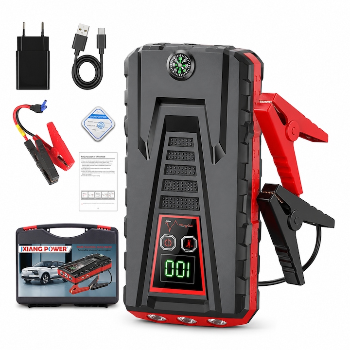 Starter auto portabil cu, AjieQaQ®, pornire auto de urgenta portabila,5000A, 12V, 99800mAh, pentru motor 6L benzina sau 4L diesel, Power Bank, Lanterna, transport incluse