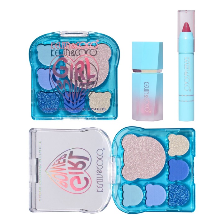 Set 3 produse machiaj, KEVIN&COCO, paleta+blush+ruj, Ice Blue Bear