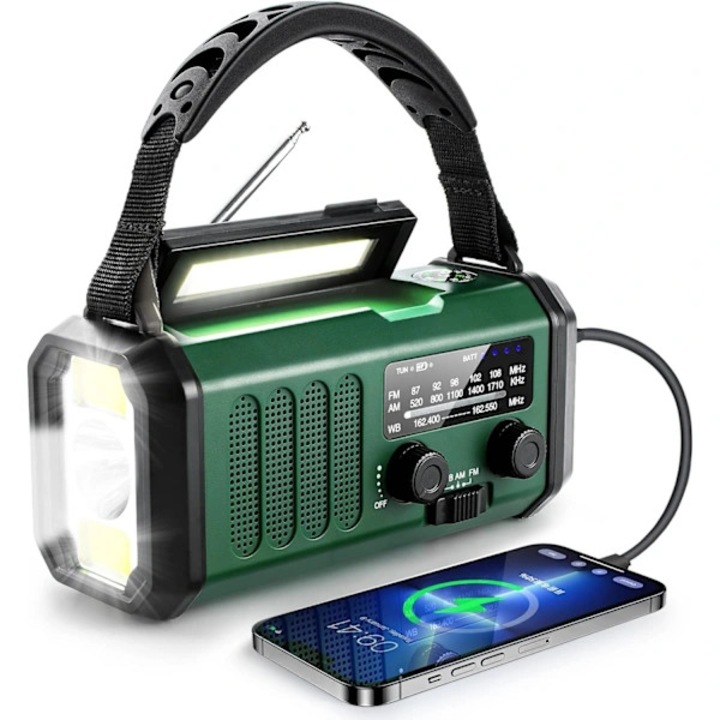 Radio de urgenta multifunctional, 10000mAh, radio meteo NOAA/AM/FM, lanterna LED, alarma SOS, busola