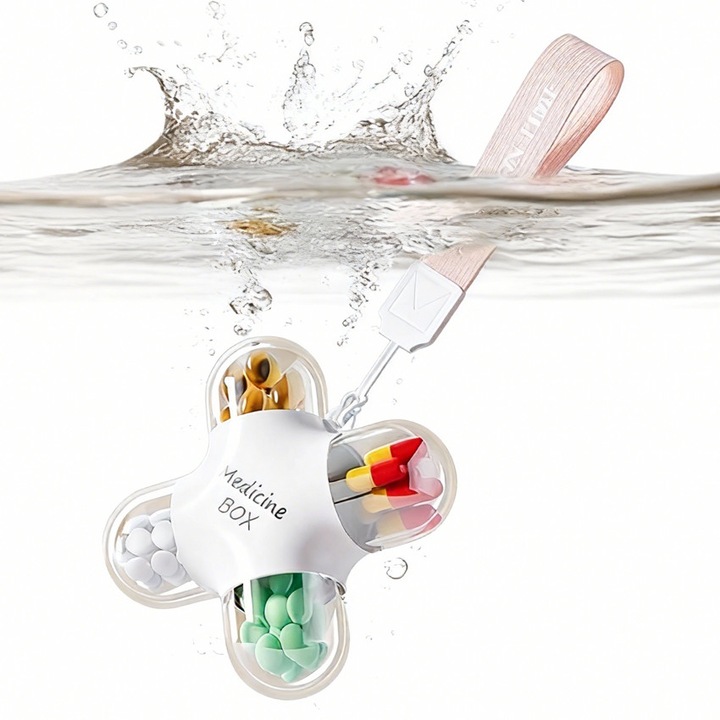 Hordozható Gyógyszeres Doboz 4 Rekesszel, Reggel-Dél-Este Feliratozott Rendezőszer, Légmentes Por- és Páratűrő Doboz, Bababarát PP Anyag, Egykezes Nyitás, Fehér Rózsaszín Zsinórral