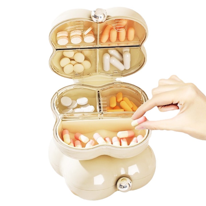 Hordozható gyógyszeres doboz 7 rekesszel, heti pára- és szagmentes rendszerező, nagy doboz pirulák, kapszulák és vitaminok számára, élelmiszer-biztonságos anyag, mini utazási rendszerező, hússzínű