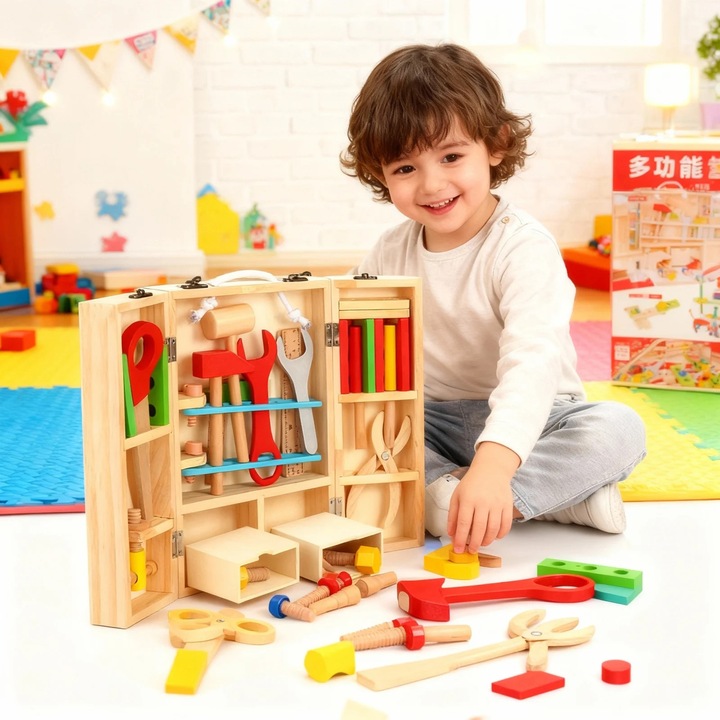 Set Unelte din Lemn pentru Copii, Joc Educațional Montessori, 22 piese, Valiză, 30x20.5x8cm