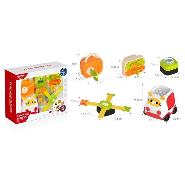 Set Busy Board Modular 10 piese, cu Masinuta, activitati senzoriale, 45x27x10cm