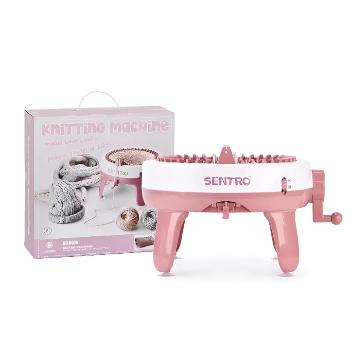 Masina de tricotat Sentro, 40 ace, pentru caciuli si esarfe, roz, set pentru copii 8+