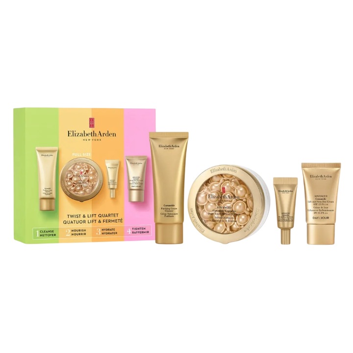 Set Elizabeth Arden: Ceramida:Elimineaza impuritatileCrema de curatare, 50 ml +Avansat ceramida, Serumul restaurator in capsule, pentru fata, 60 buc + Ceramida, Retinol, Inalte si impinge, Cremele ochilor, 5 ml + Avansata ceramida, Inalte si impinge