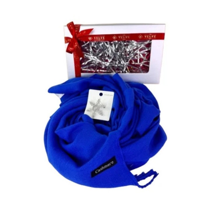 Pachet Secret Santa, esarfa lunga Albastru royal 180x60 cm si brosa Fulg de Zapada, cutie cadou, Velve