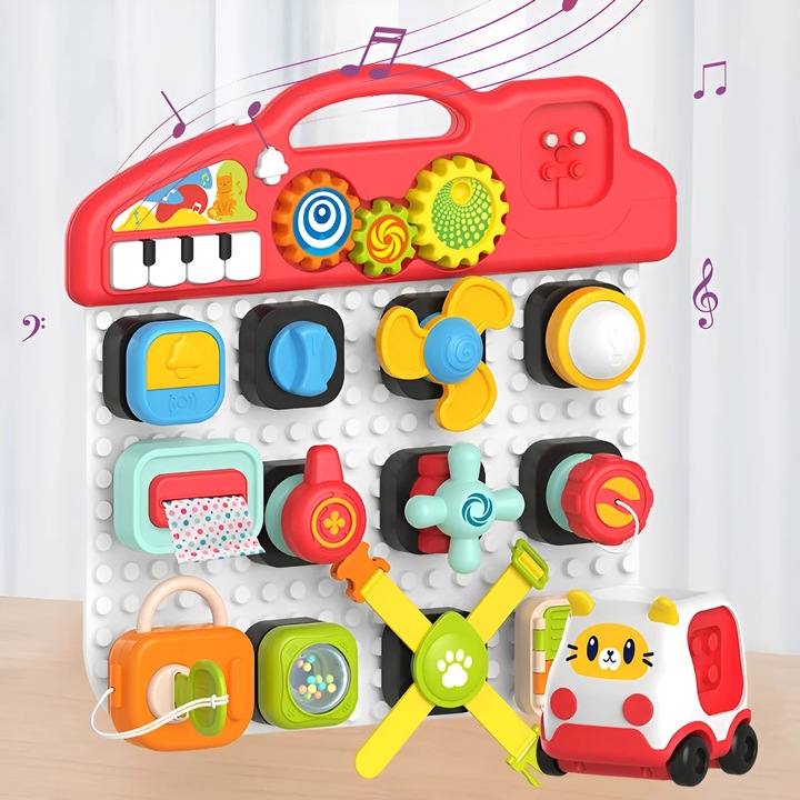 Busy Board Interactiv Montessori cu Lumini si Sunete, Set cu Masinuta, 35x33, 5x5, 5cm, 18+ luni