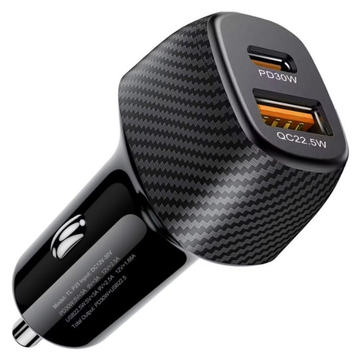 Autós töltő, Generic, 2 db USB-A 22.5W + USB-C 30W port, teljes védelem, kompakt kialakítás, Fekete