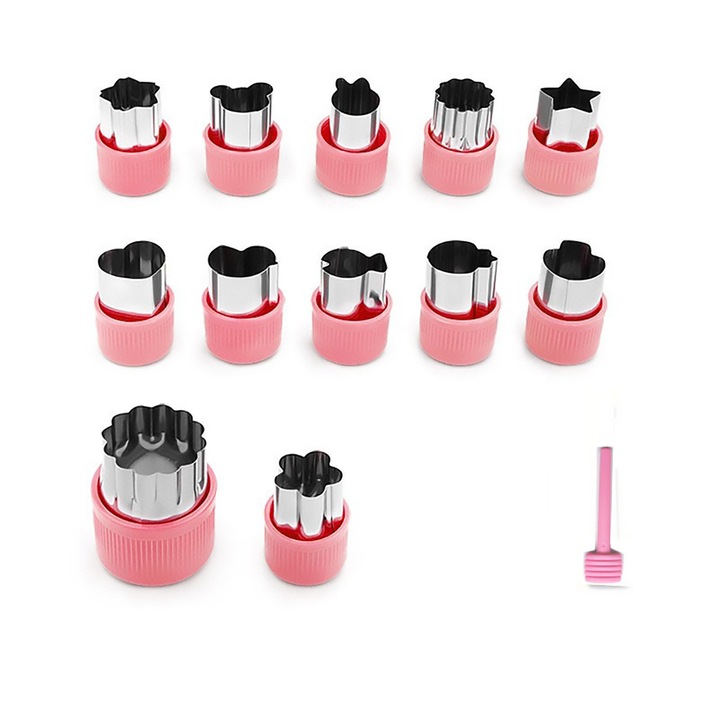 Set forme prajituri din inox, 12 bucati, diverse forme, roz, 5.5x4.5cm
