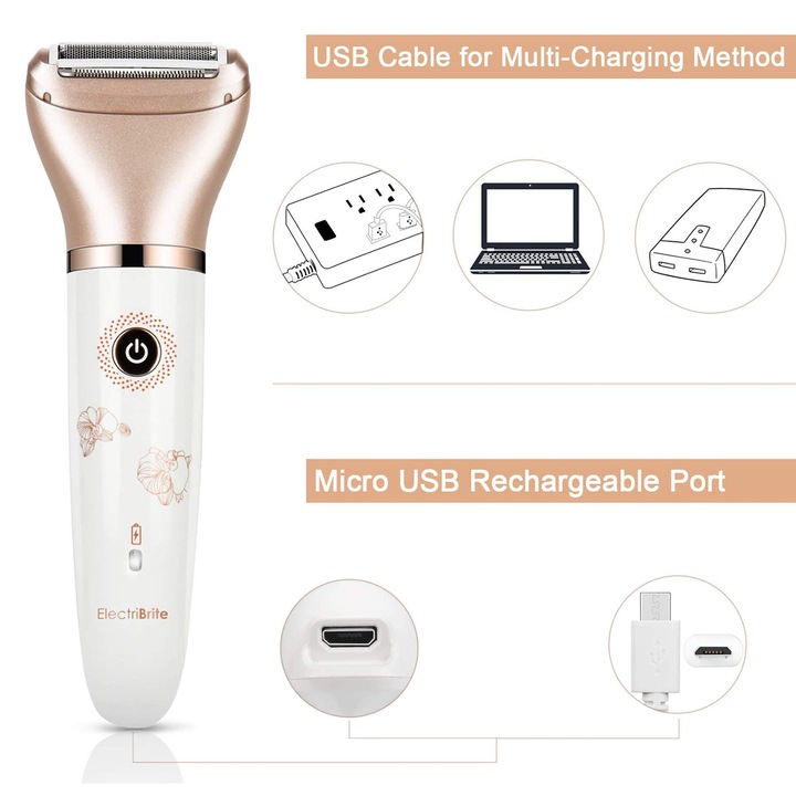 Aparat de ras electric pentru femei - Aparat de par 2-in-1 pentru femei fara durere pentru fata, picioare si subrat, tunsor portabil impermeabil pentru bikini pentru epilare fara fir pentru femei - Micro USB Recharge